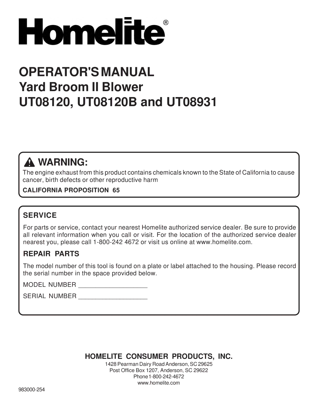 Homelite UT08120B, UT08931 manual Service Repair Parts 