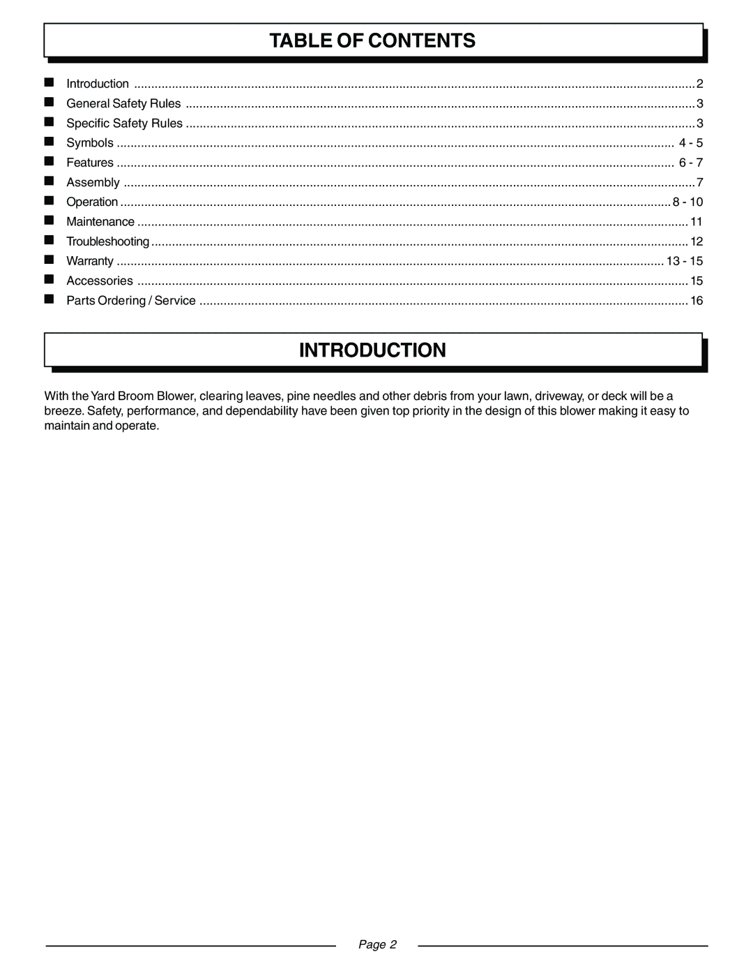 Homelite UT08120B, UT08931 manual Table of Contents, Introduction 