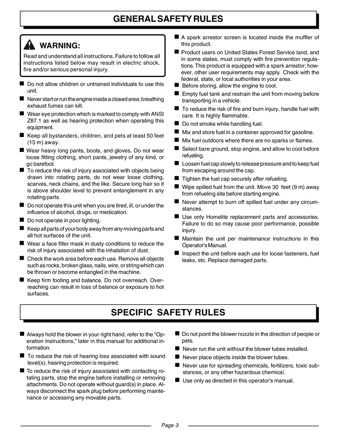 Homelite UT08120B, UT08931 manual General Safety Rules, Specific Safety Rules 