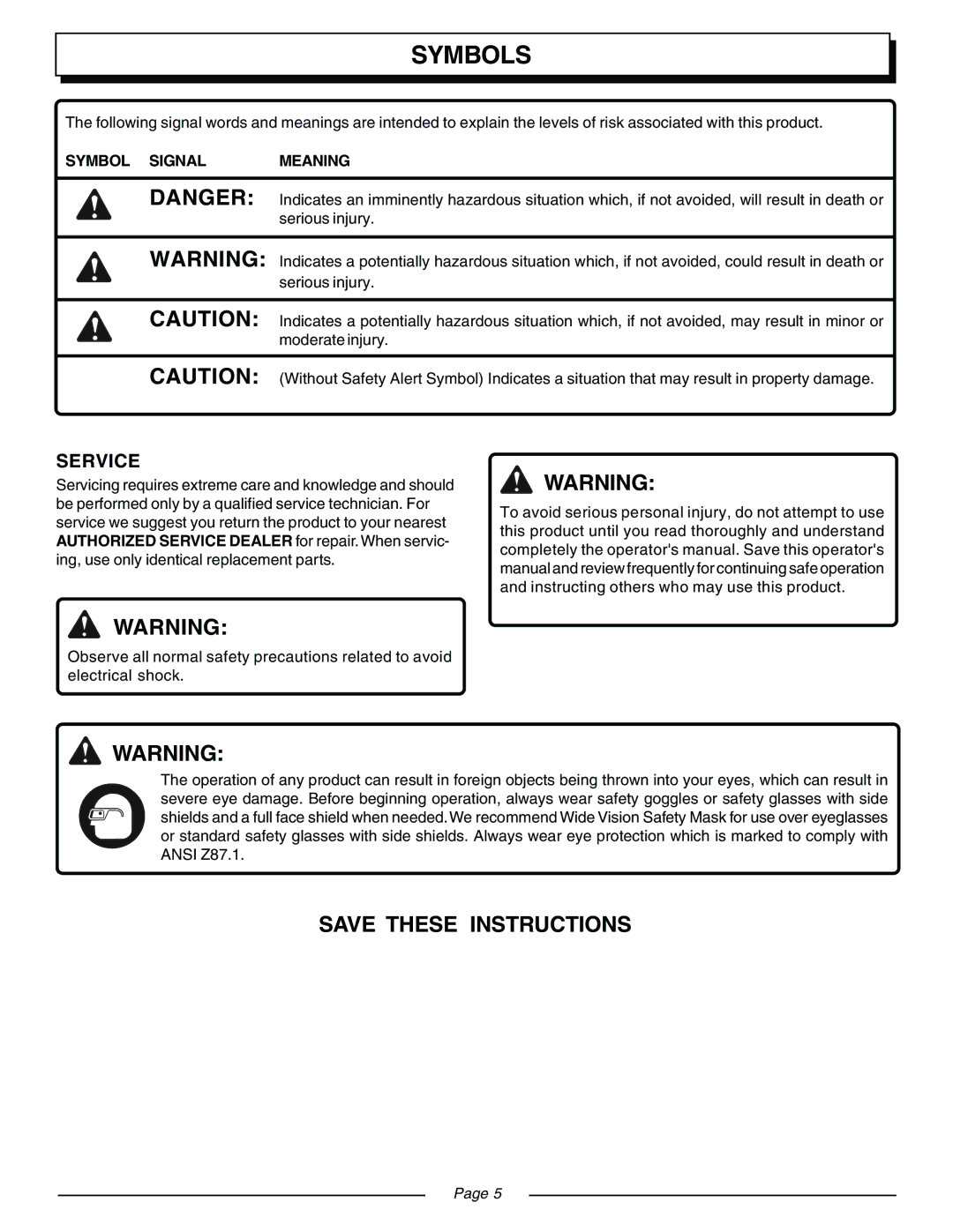 Homelite UT08120B, UT08931 manual Service, Symbol Signal Meaning 