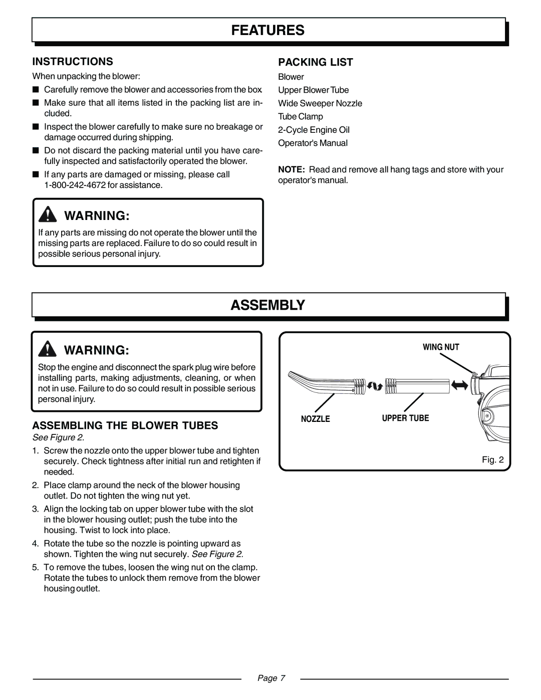 Homelite UT08120B, UT08931 manual Features, Assembly, Instructions, Packing List, Assembling the Blower Tubes 