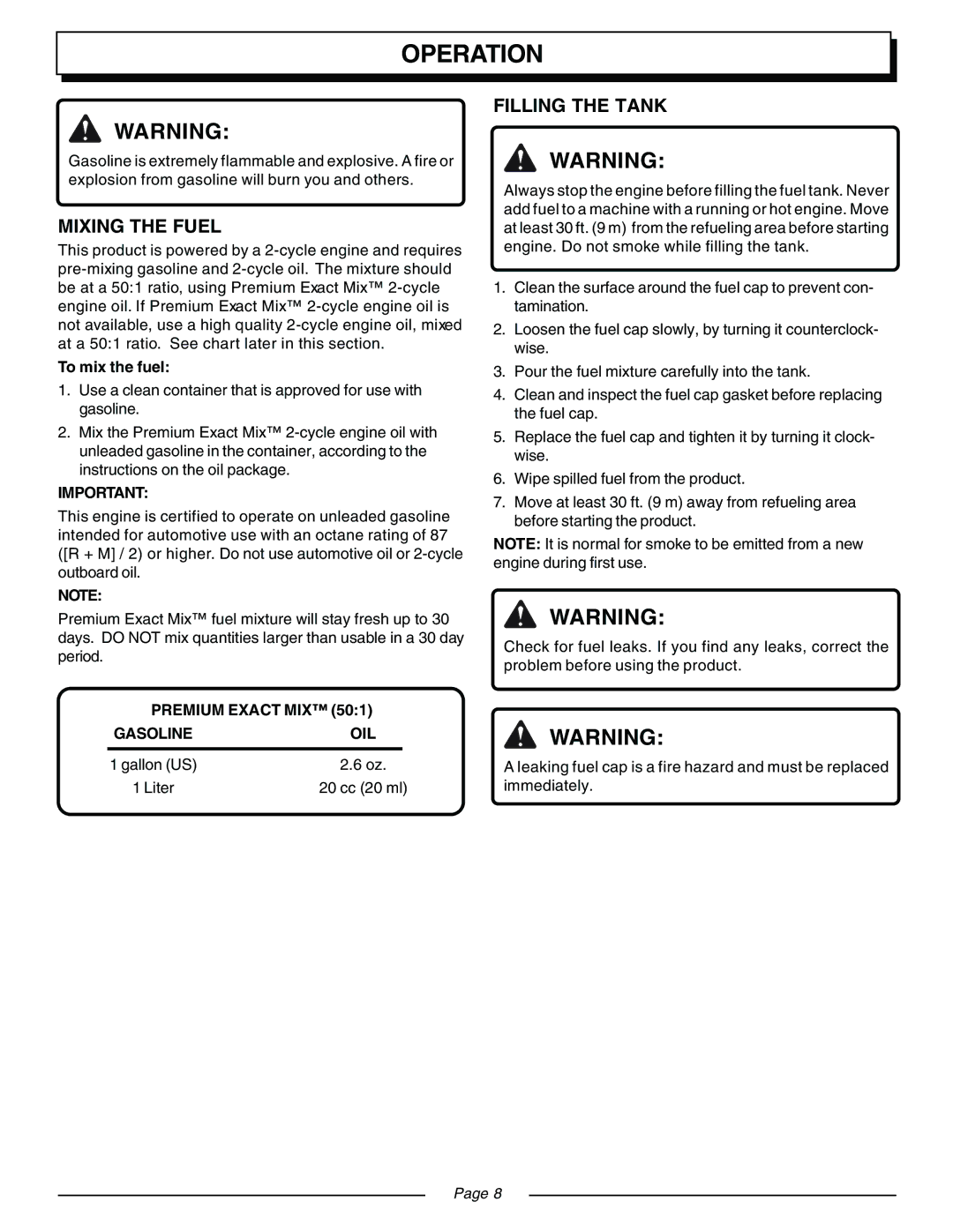 Homelite UT08120B, UT08931 manual Operation, Mixing the Fuel, Filling the Tank, Premium Exact MIX Gasolineoil 