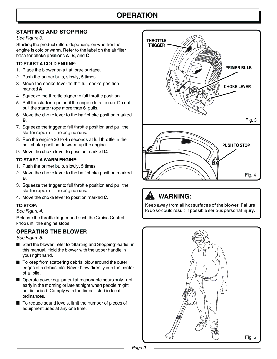 Homelite UT08120B, UT08931 manual Starting and Stopping, Operating the Blower 