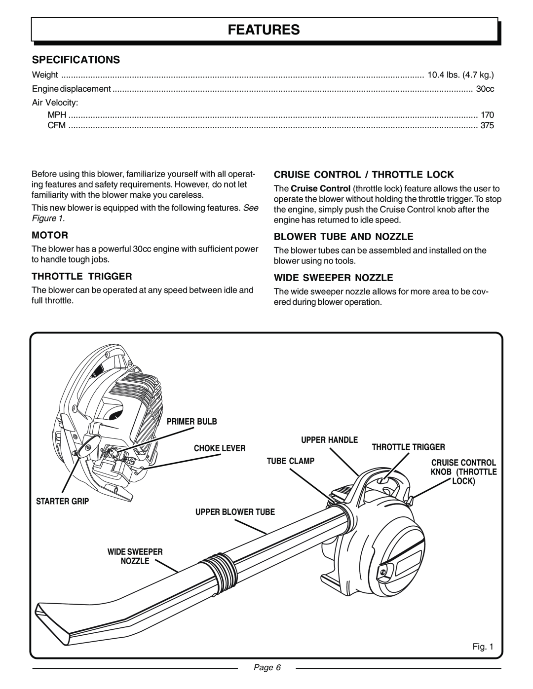 Homelite UT08120B, UT08931 Features, Cruise Control / Throttle Lock, Motor, Blower Tube And Nozzle, Throttle Trigger, Page 