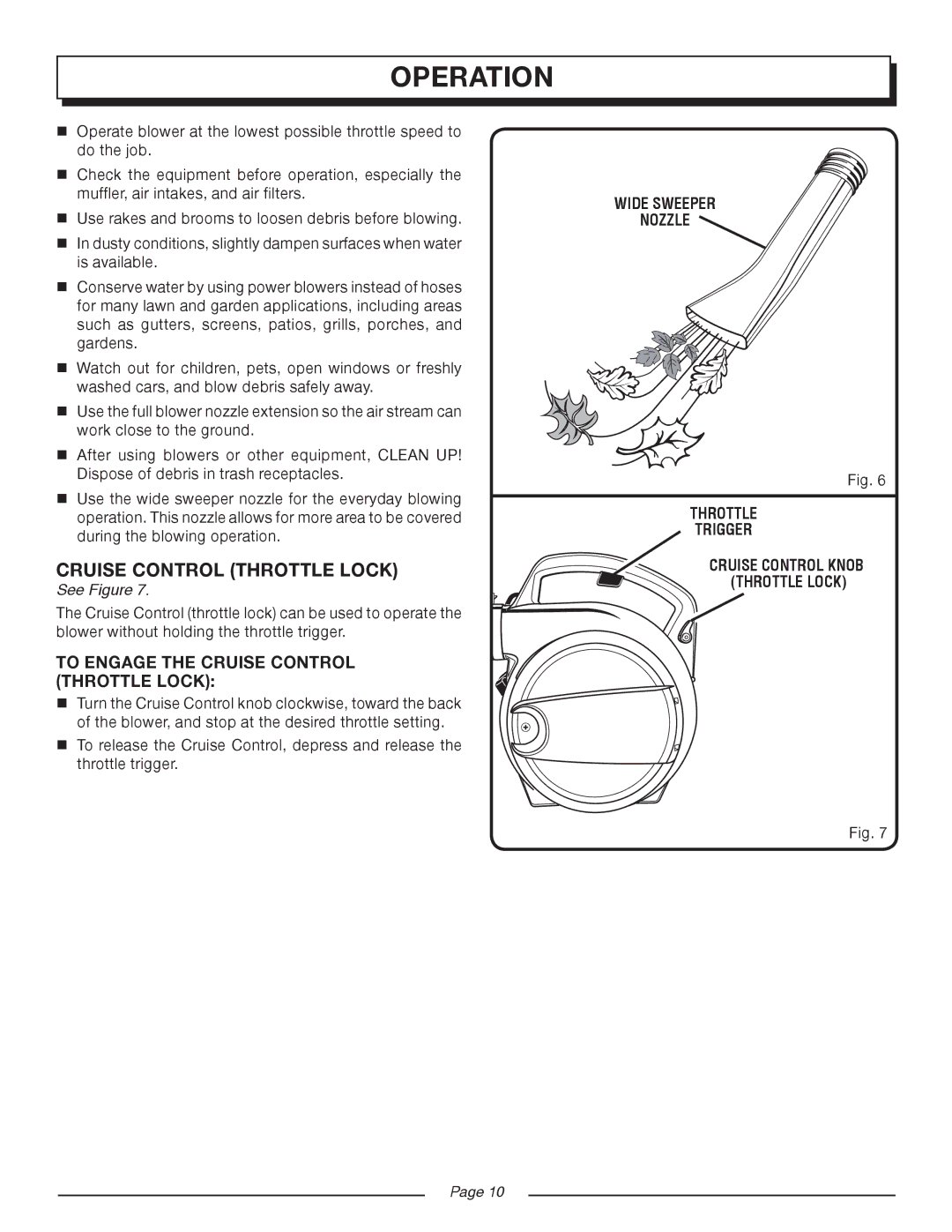 Homelite UT08120D manual Cruise Control Throttle Lock, Wide Sweeper Nozzle Throttle Trigger 