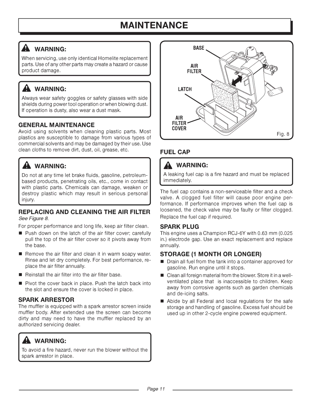 Homelite UT08120D manual Maintenance 