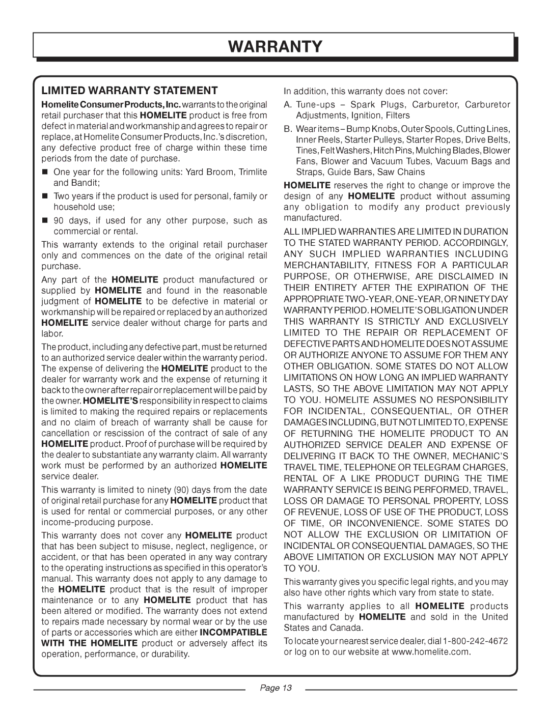 Homelite UT08120D manual Limited Warranty Statement 