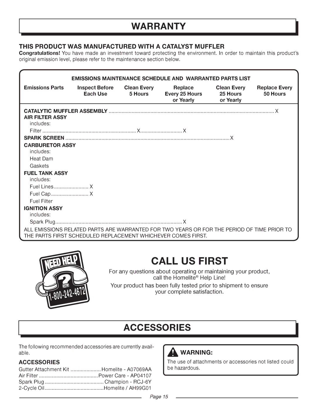 Homelite UT08120D manual Accessories, This Product WAS Manufactured with a Catalyst Muffler 