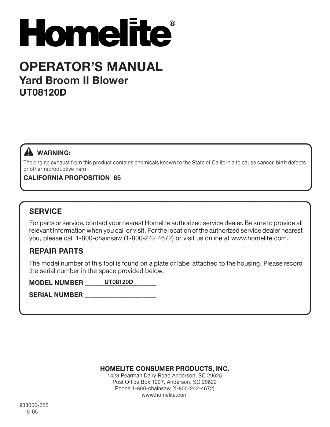 Homelite UT08120D manual California Proposition, Model Number, Homelite Consumer PRODUCTS, INC 