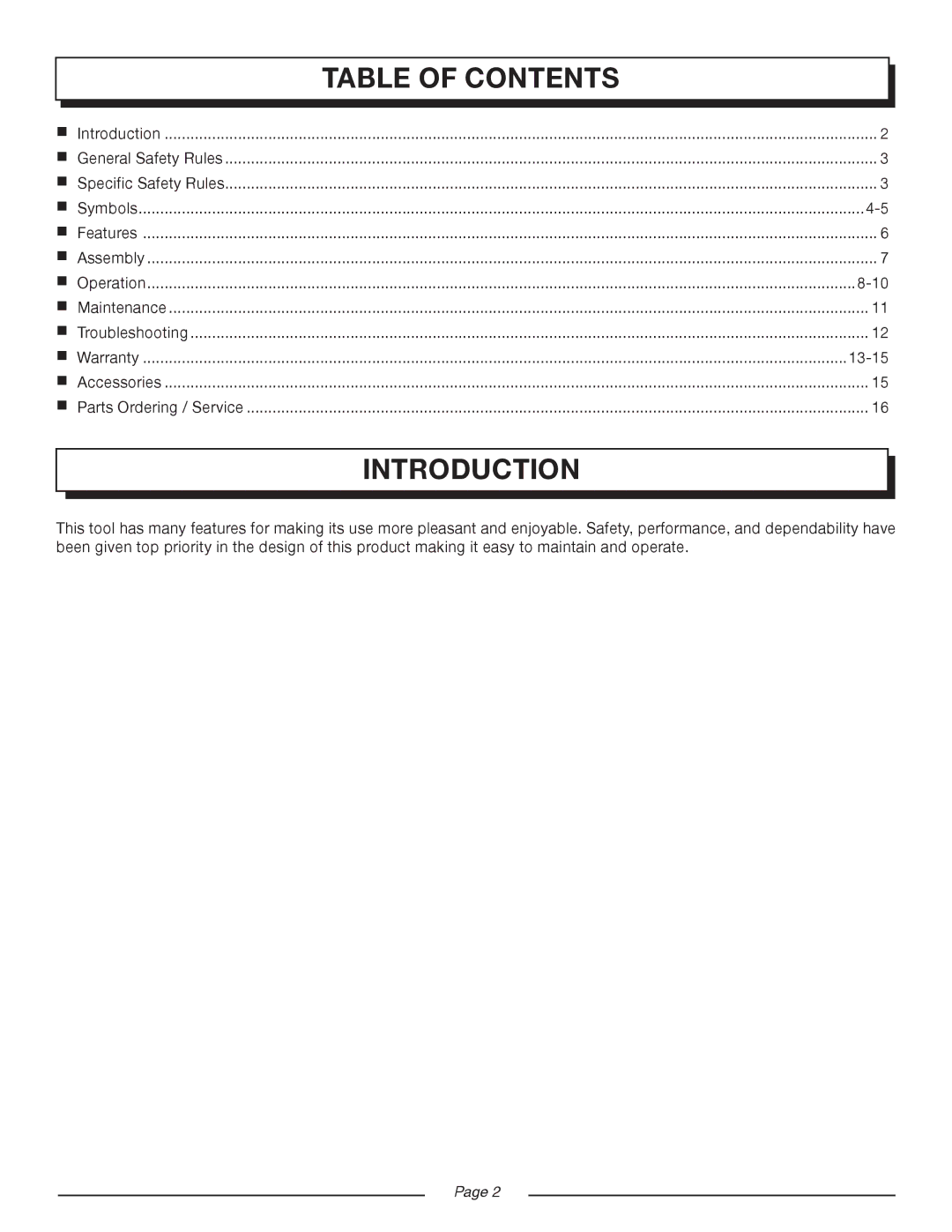 Homelite UT08120D manual Introduction, Table of Contents 