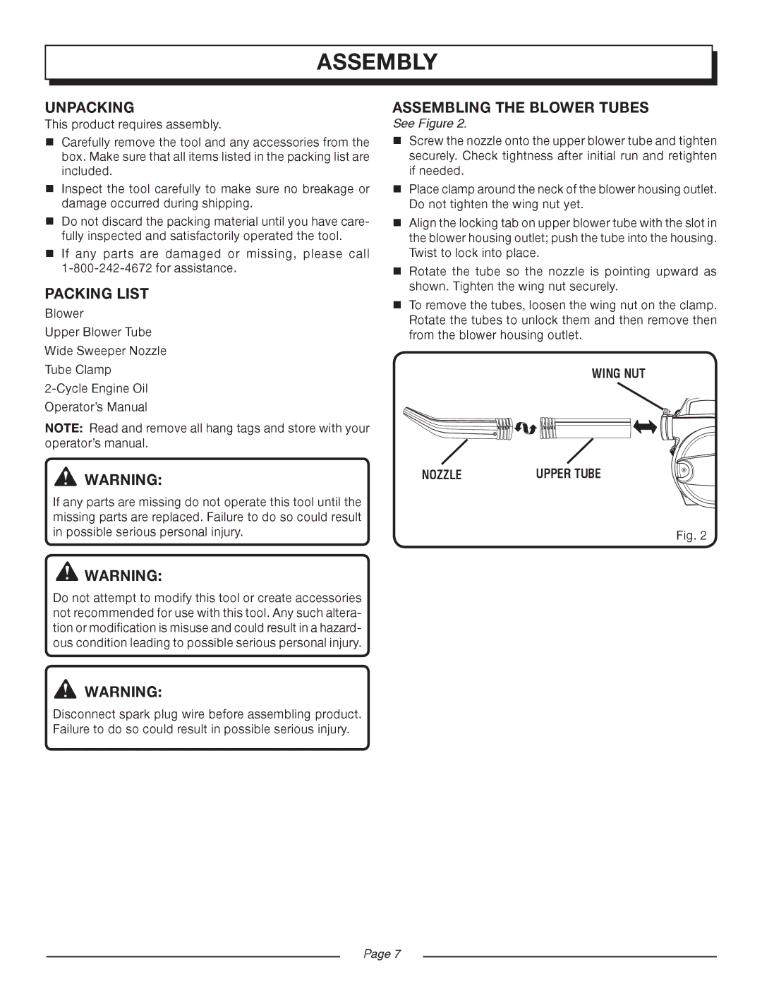 Homelite UT08120D manual Assembly, Unpacking, Packing List, Assembling the Blower Tubes, Wing NUT Nozzle 