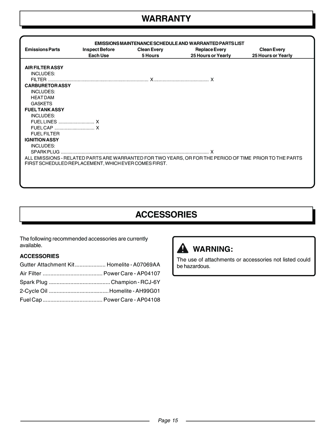 Homelite UT08511, UT08510 manual Accessories 