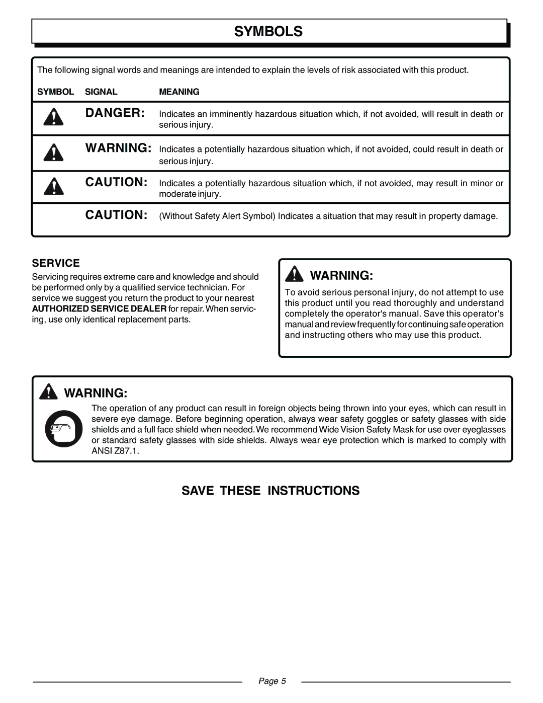 Homelite UT08511, UT08510 manual Service, Symbol Signal Meaning 