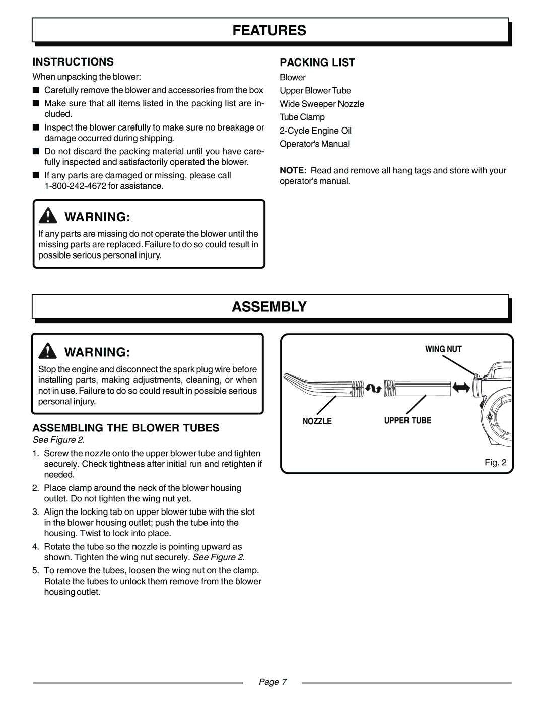 Homelite UT08511, UT08510 manual Features, Assembly, Instructions, Packing List, Assembling the Blower Tubes 