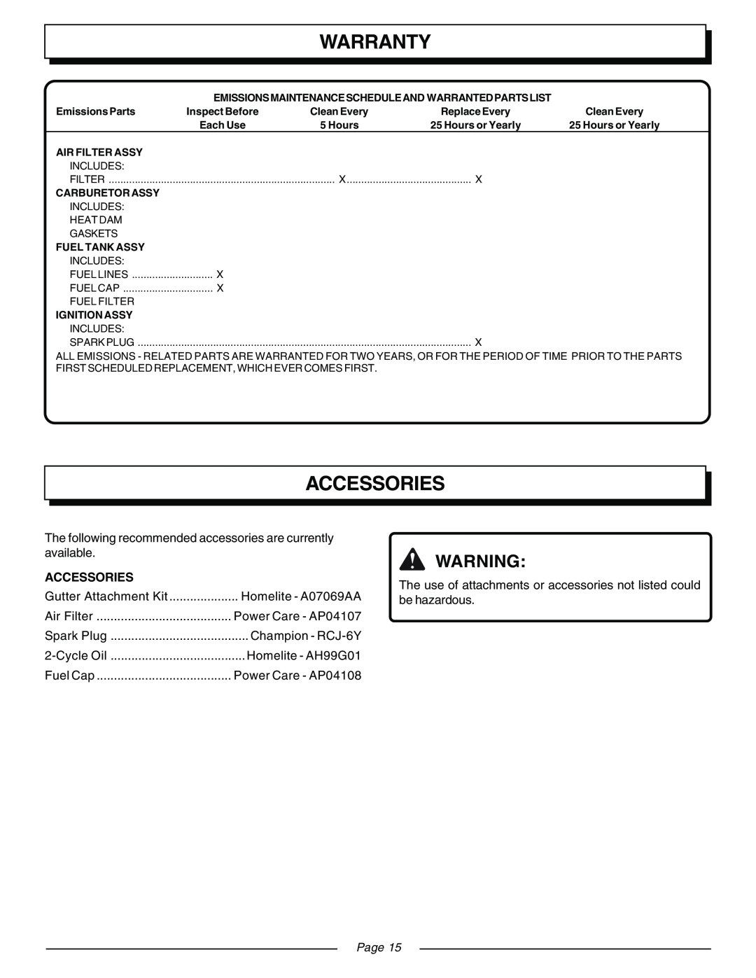 Homelite UT08511 Accessories, Warranty, Page, Homelite - A07069AA, Emissionsmaintenancescheduleand Warrantedpartslist 