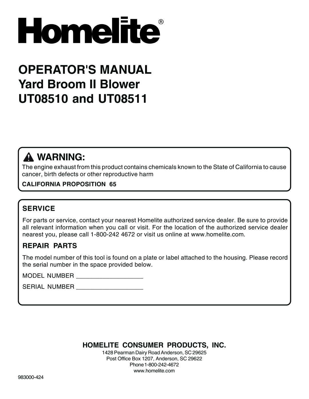 Homelite UT08510, UT08511 manual Service, Repair Parts, Homelite Consumer Products, Inc, California Proposition 