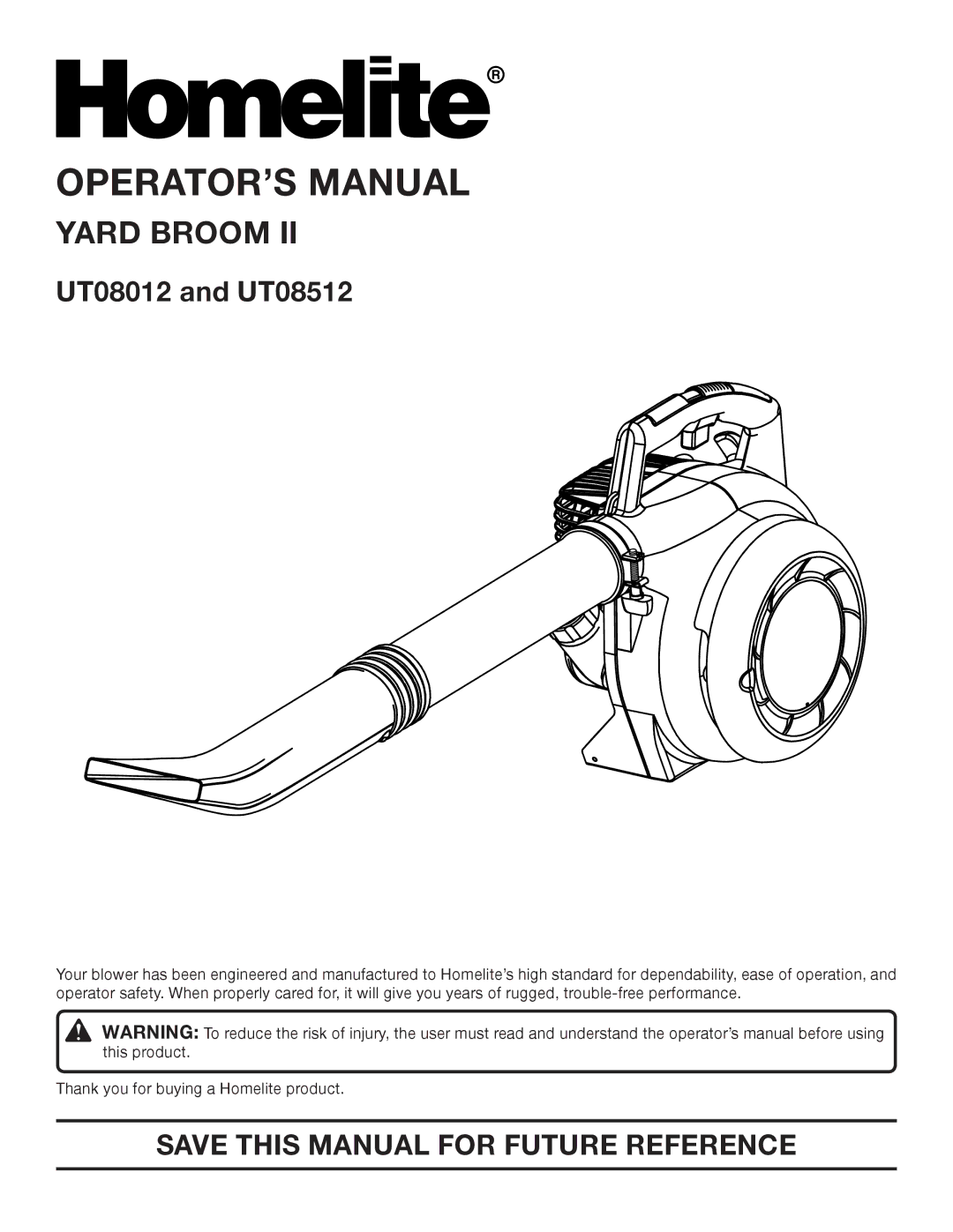 Homelite UT08012, UT08512 manual OPERATOR’S Manual, Save this Manual for Future Reference 