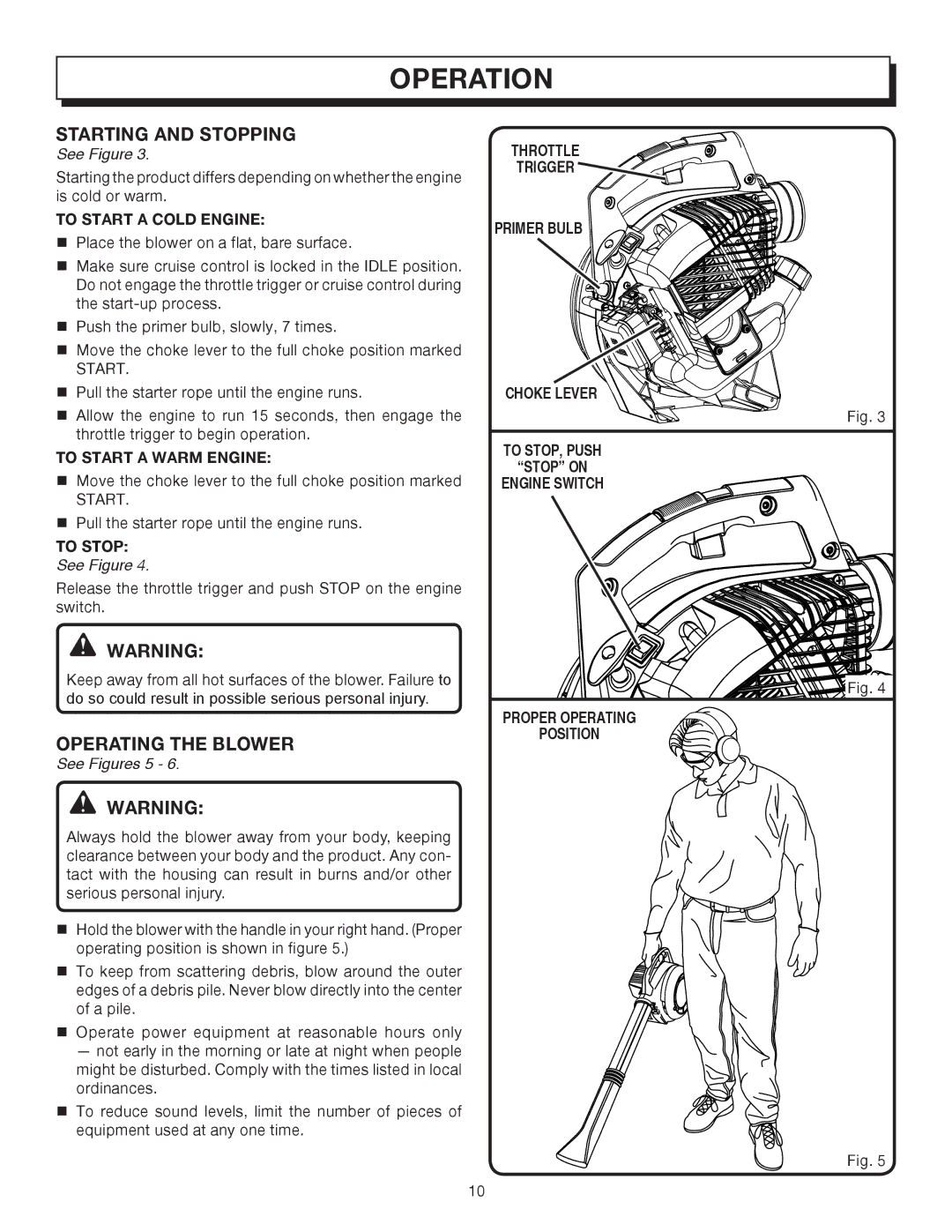 Homelite UT08512 Starting and Stopping, Operating the Blower, To Start a Cold Engine, To Start a Warm Engine, To Stop 