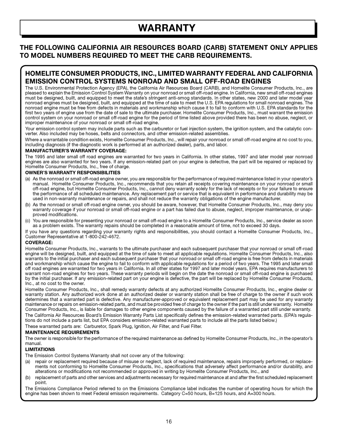 Homelite UT08512, UT08012 manual MANUFACTURER’S Warranty Coverage 