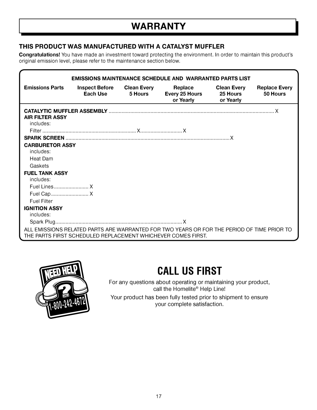 Homelite UT08012, UT08512 manual This Product WAS Manufactured with a Catalyst Muffler 