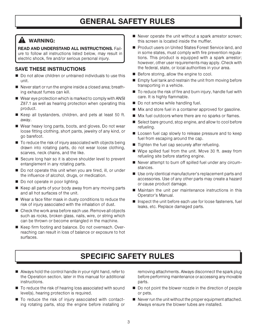 Homelite UT08012, UT08512 manual General Safety Rules, Specific Safety Rules 