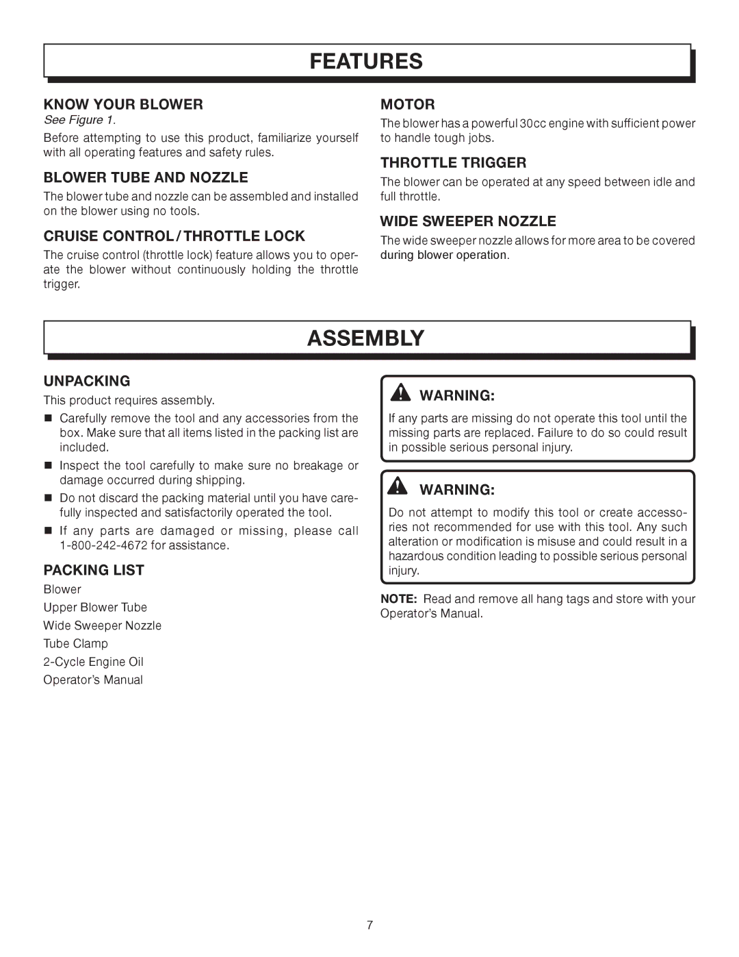 Homelite UT08012, UT08512 manual Features, Assembly 