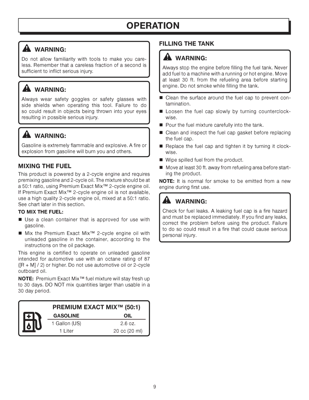 Homelite UT08012, UT08512 manual Operation, Mixing the Fuel, Premium Exact MIX, Filling the Tank 