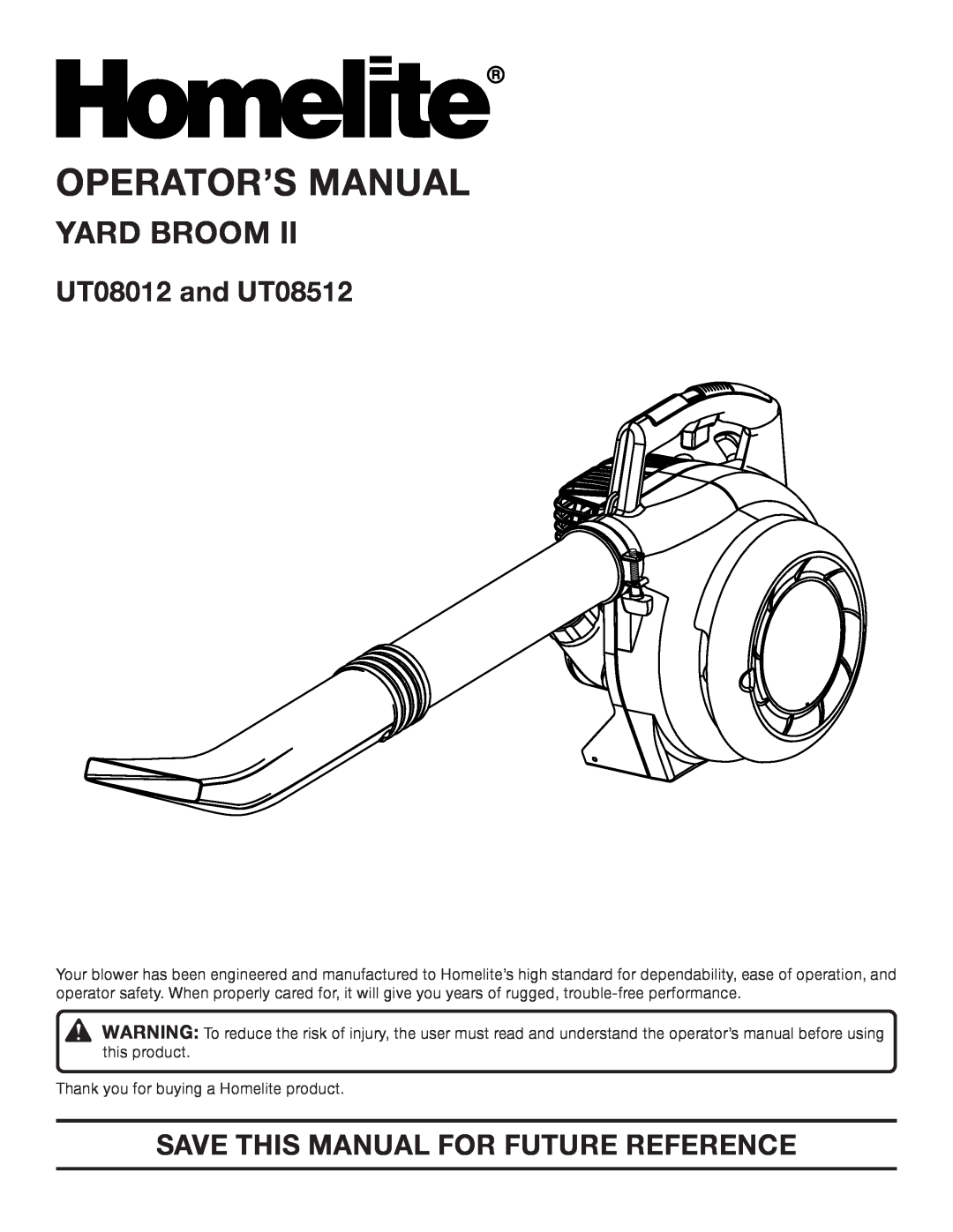 Homelite manual Operator’S Manual, Yard Broom, UT08012 and UT08512, Save This Manual For Future Reference 