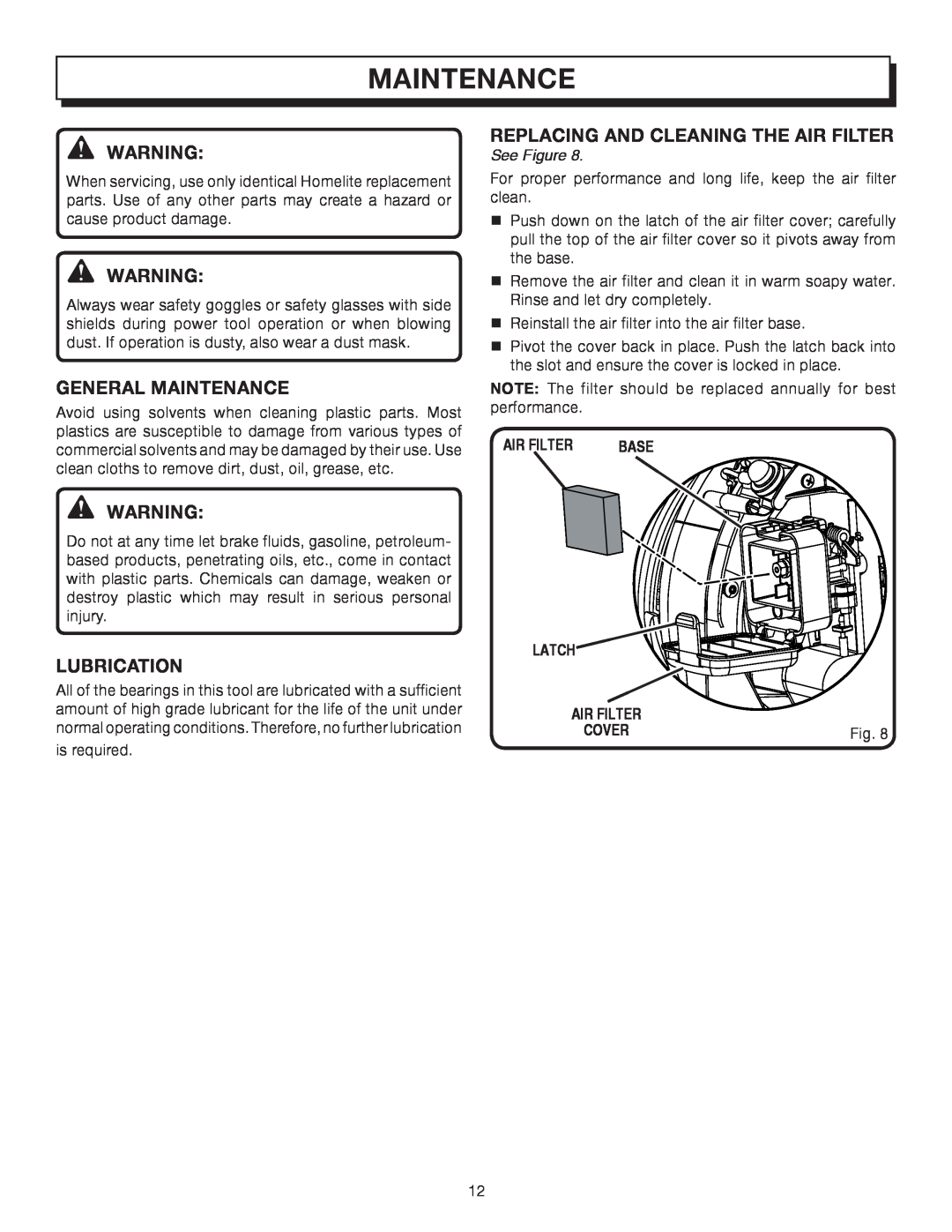 Homelite UT08512, UT08012 manual Maintenance, Replacing And Cleaning The Air Filter, See Figure, Latch 