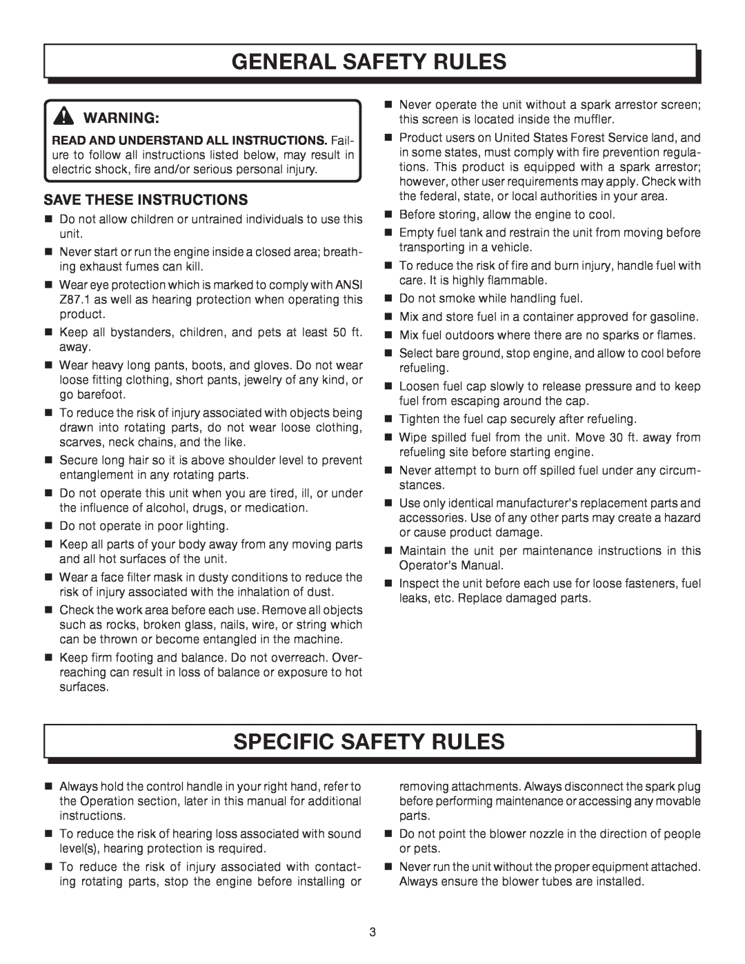 Homelite UT08012, UT08512 manual General Safety Rules, Specific Safety Rules, Save These Instructions 