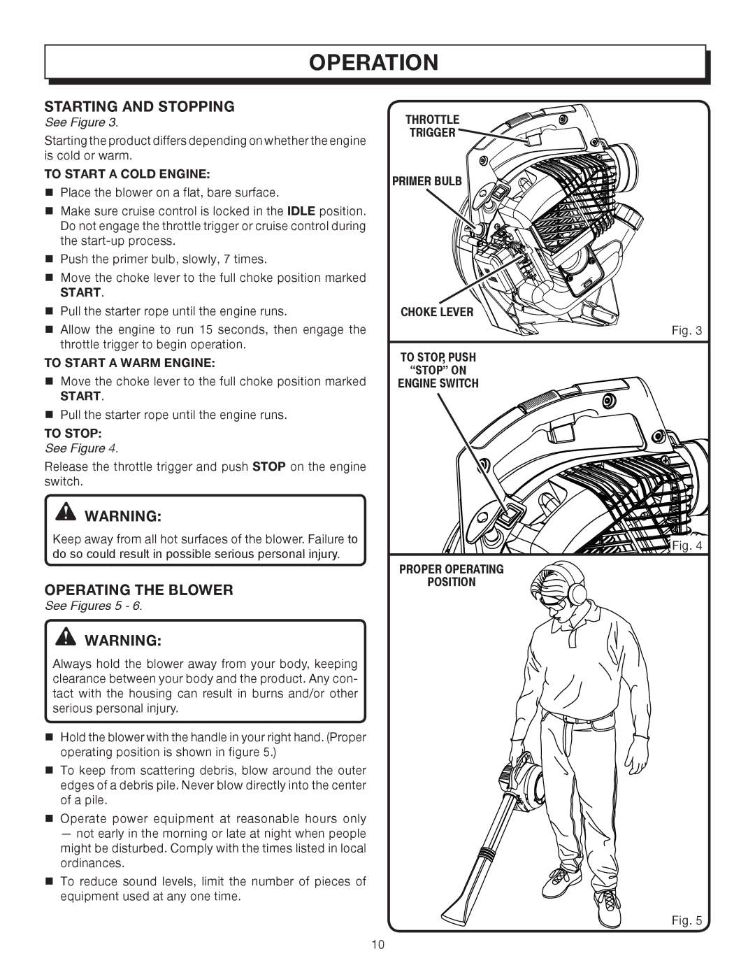 Homelite UT08512A manual Starting and Stopping, Operating the Blower 