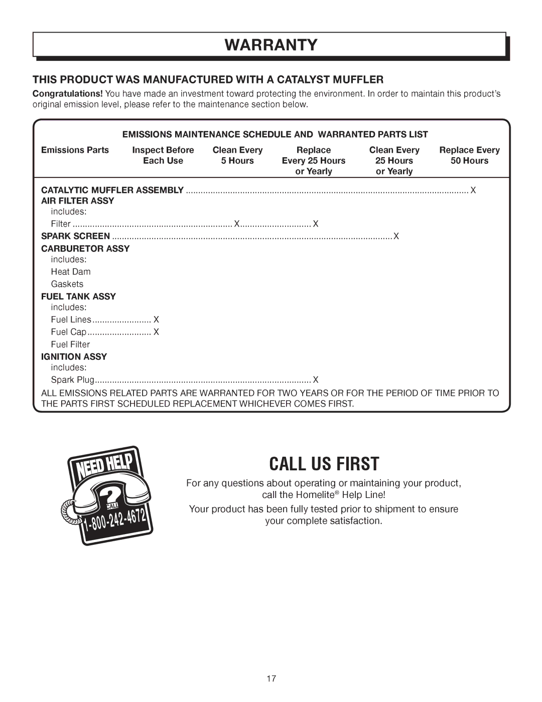 Homelite UT08512A manual This Product WAS Manufactured with a Catalyst Muffler 