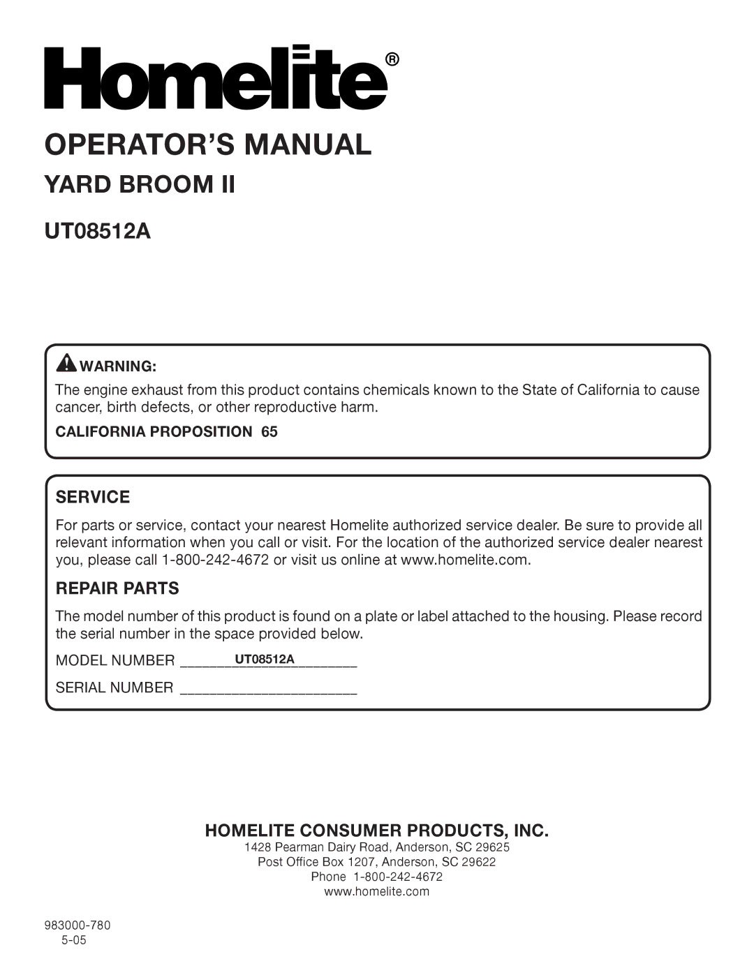 Homelite UT08512A manual California Proposition, Model Number 