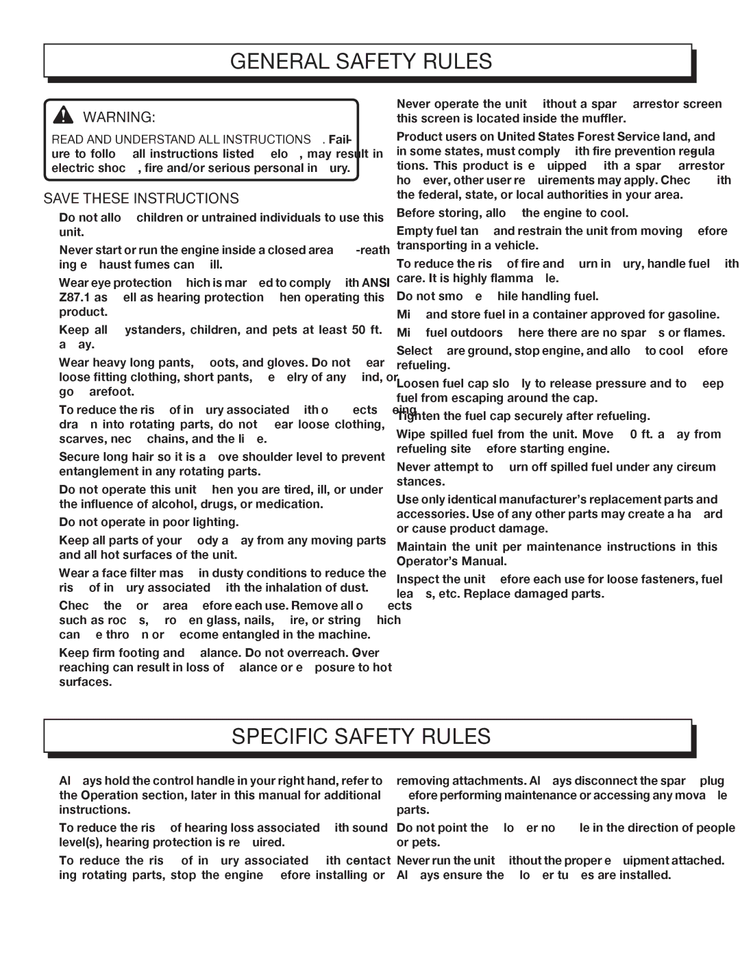 Homelite UT08512A manual General Safety Rules, Specific Safety Rules 