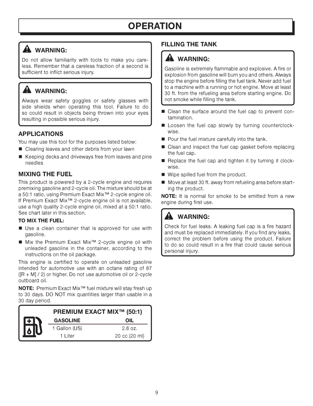 Homelite UT08512A manual Operation, Applications, Mixing the Fuel, Premium Exact MIX, Filling the Tank 