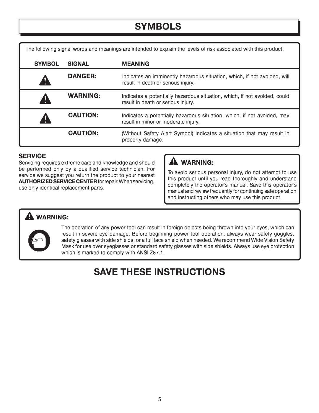 Homelite UT08512A manual Save These Instructions, Symbols, Service, Symbol Signal, Meaning 