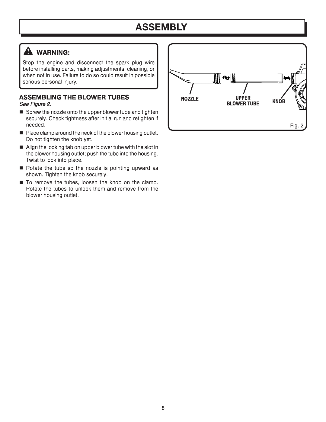 Homelite UT08512A manual Assembly, Assembling The Blower Tubes, See Figure, Nozzle 