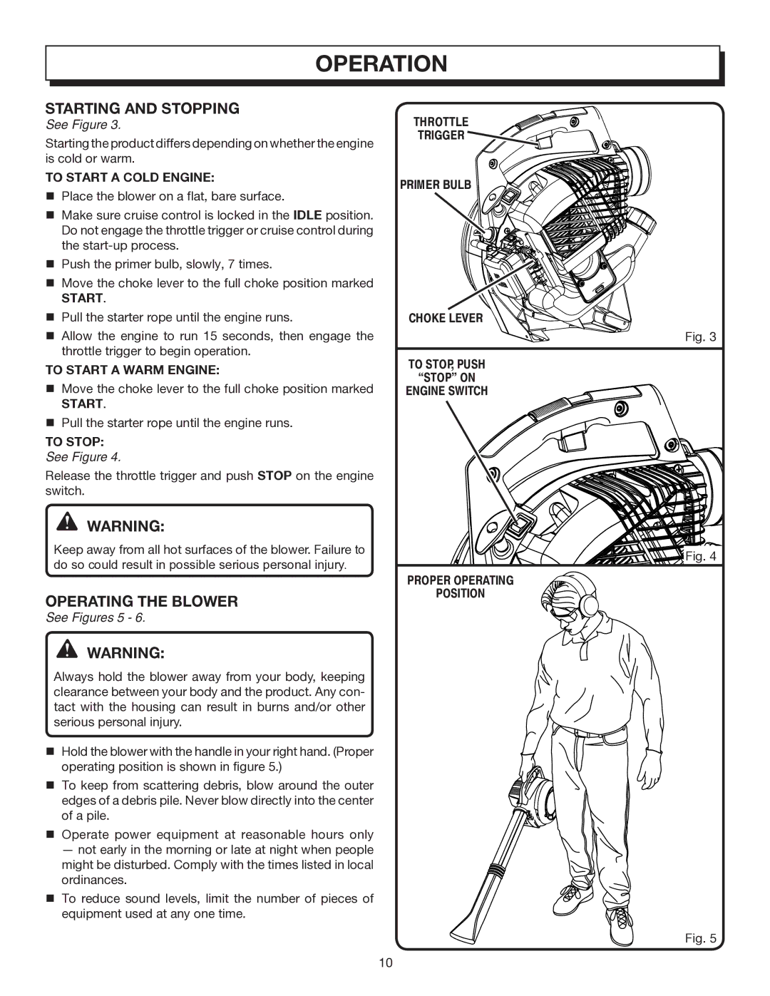 Homelite UT08512B manual Starting and Stopping, Operating the Blower 