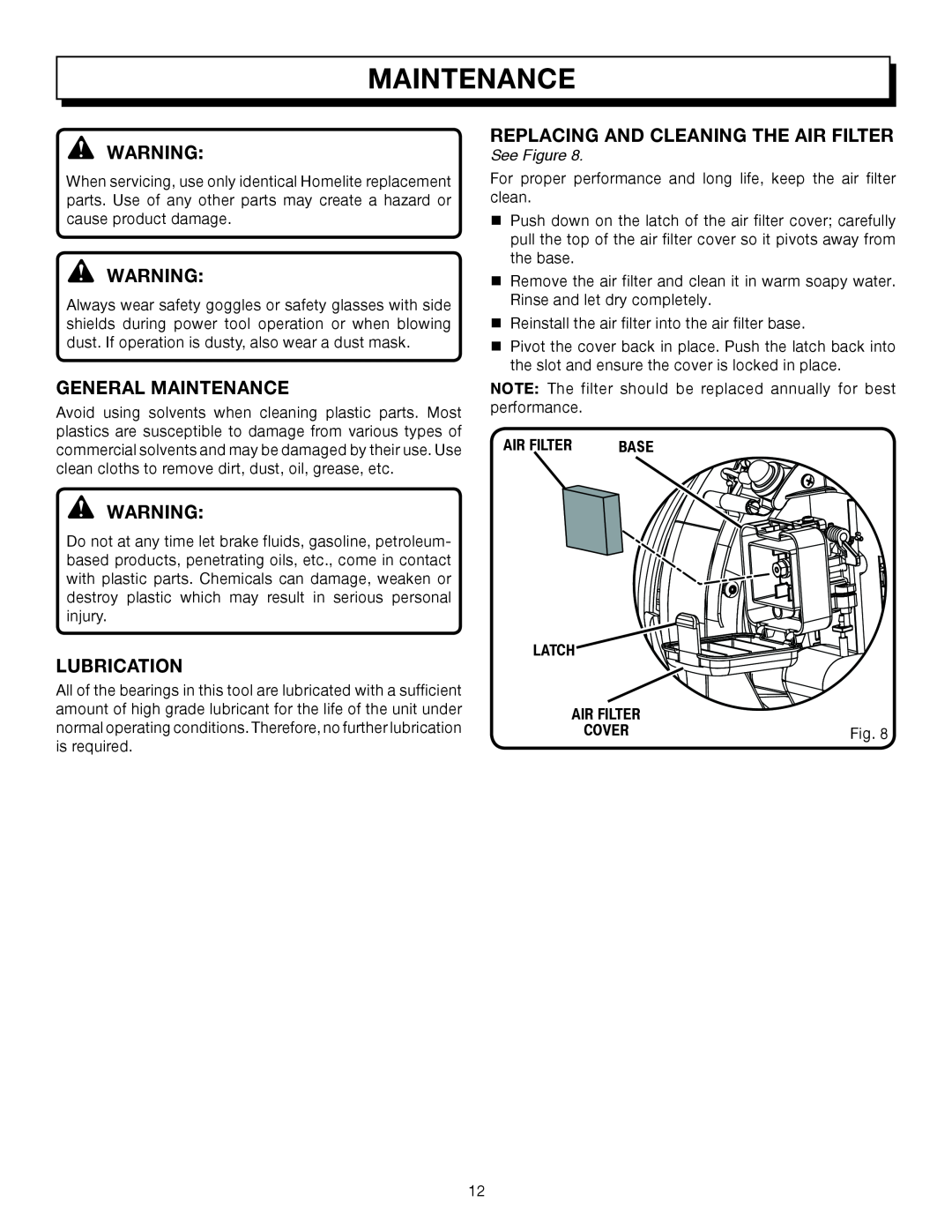 Homelite UT08512B manual Maintenance, Replacing And Cleaning The Air Filter, See Figure, Latch 