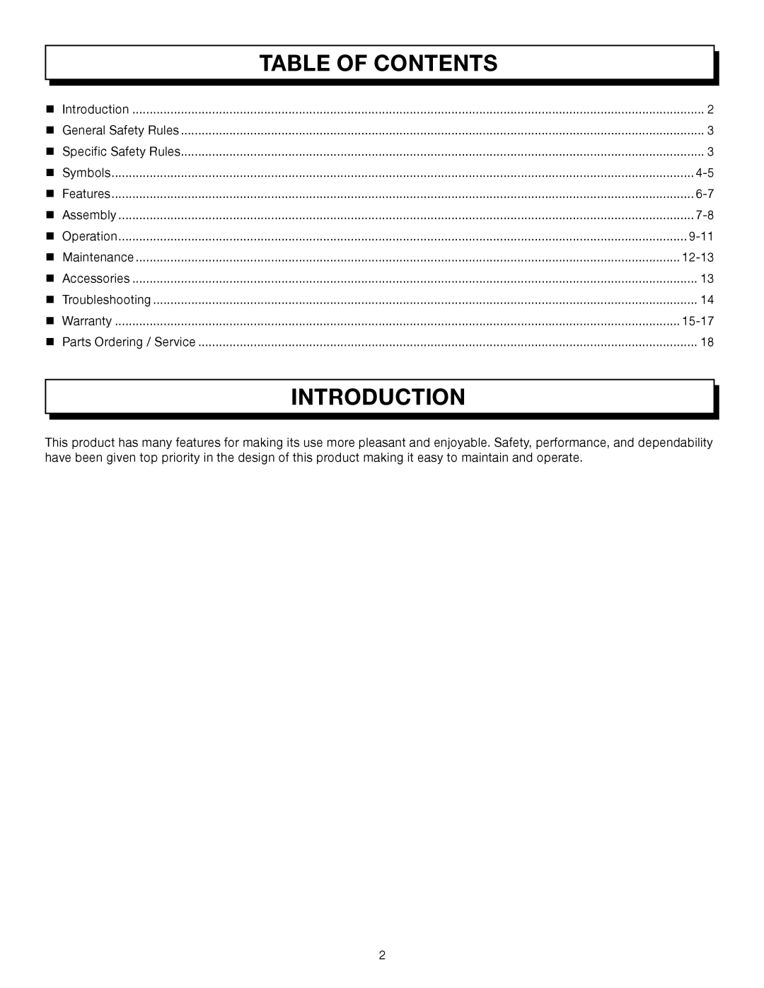 Homelite UT08512B manual Introduction, Table Of Contents 