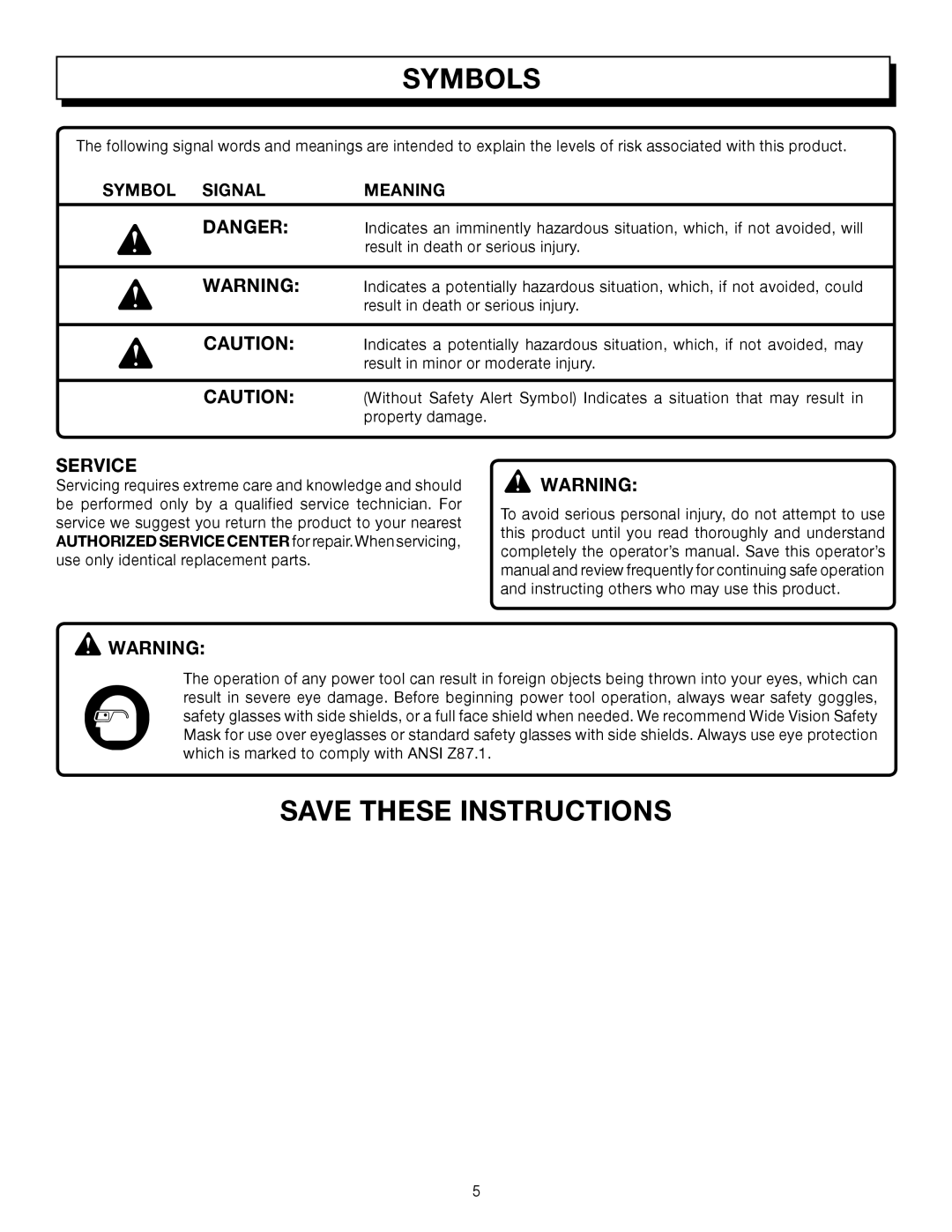 Homelite UT08512B manual Save These Instructions, Symbols, Service, Symbol Signal, Meaning 