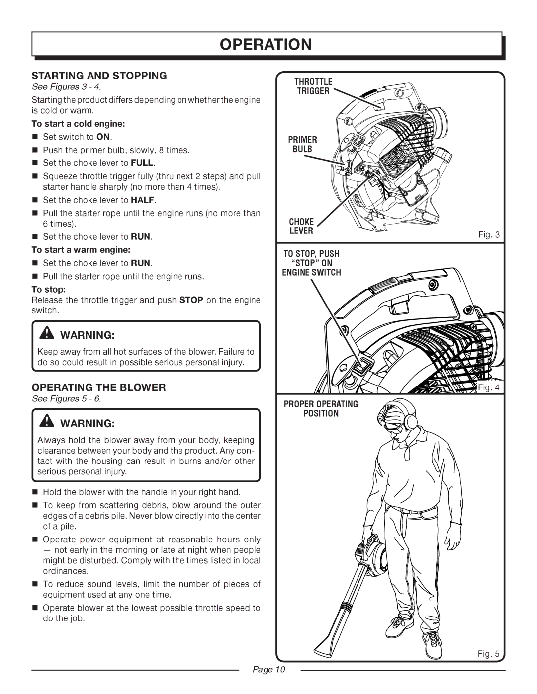 Homelite UT08514 manual Starting and Stopping, Operating the Blower, Throttle Trigger Primer Bulb Choke Lever 