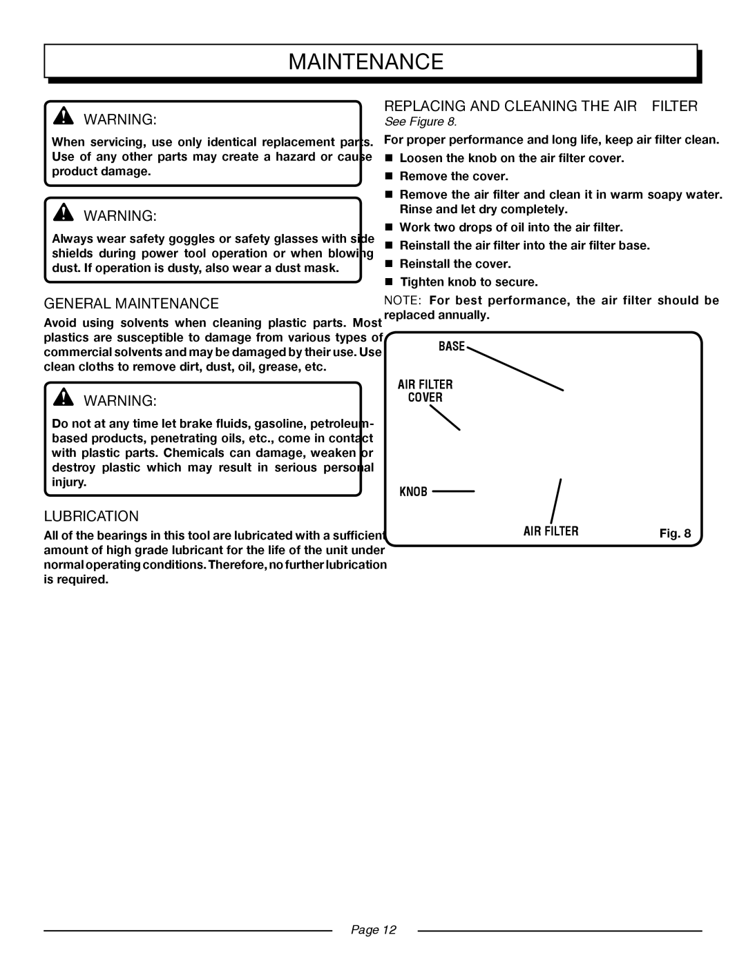 Homelite UT08514 General Maintenance, Lubrication, Replacing and Cleaning the AIR Filter, Base AIR Filter Cover Knob 