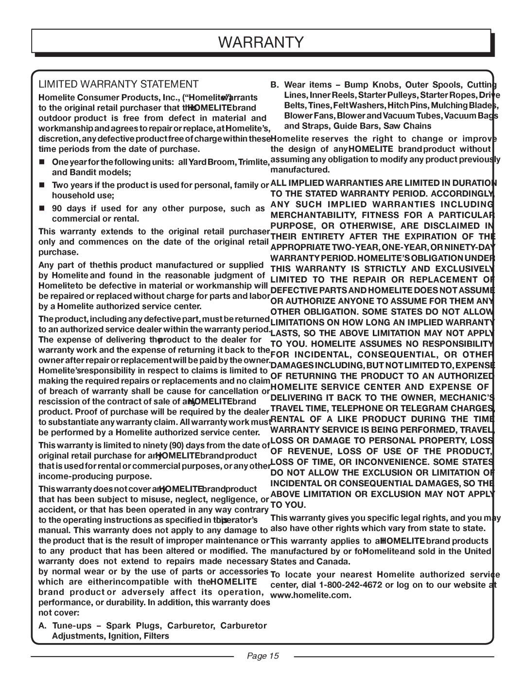 Homelite UT08514 manual Limited Warranty Statement 