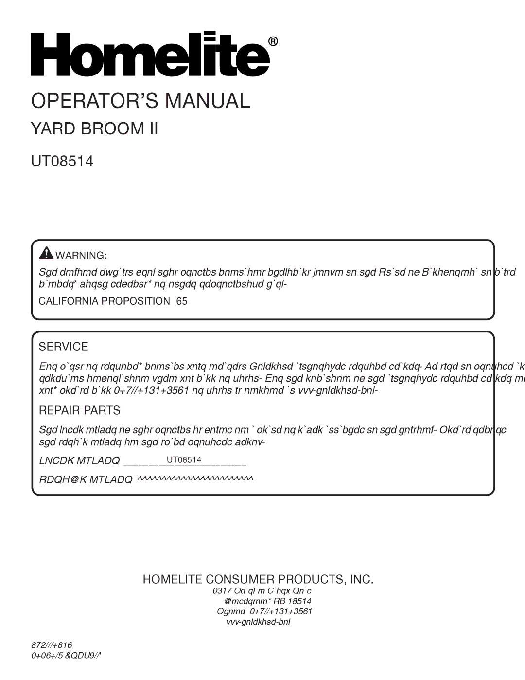 Homelite UT08514 manual California Proposition, Model Number 