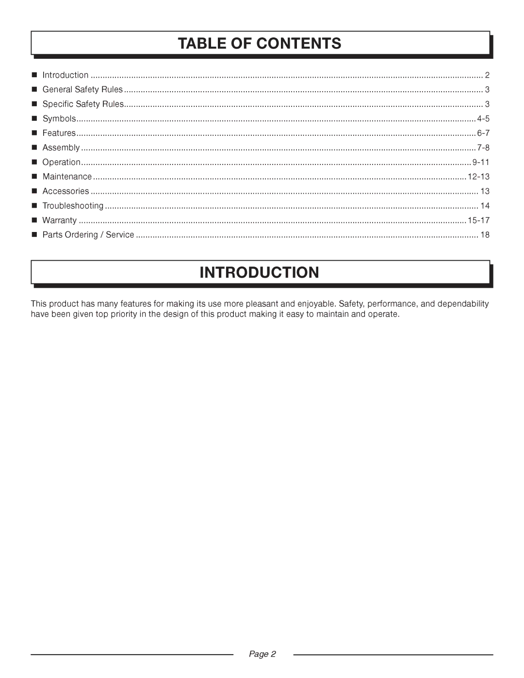 Homelite UT08514 manual Introduction, Table of Contents 