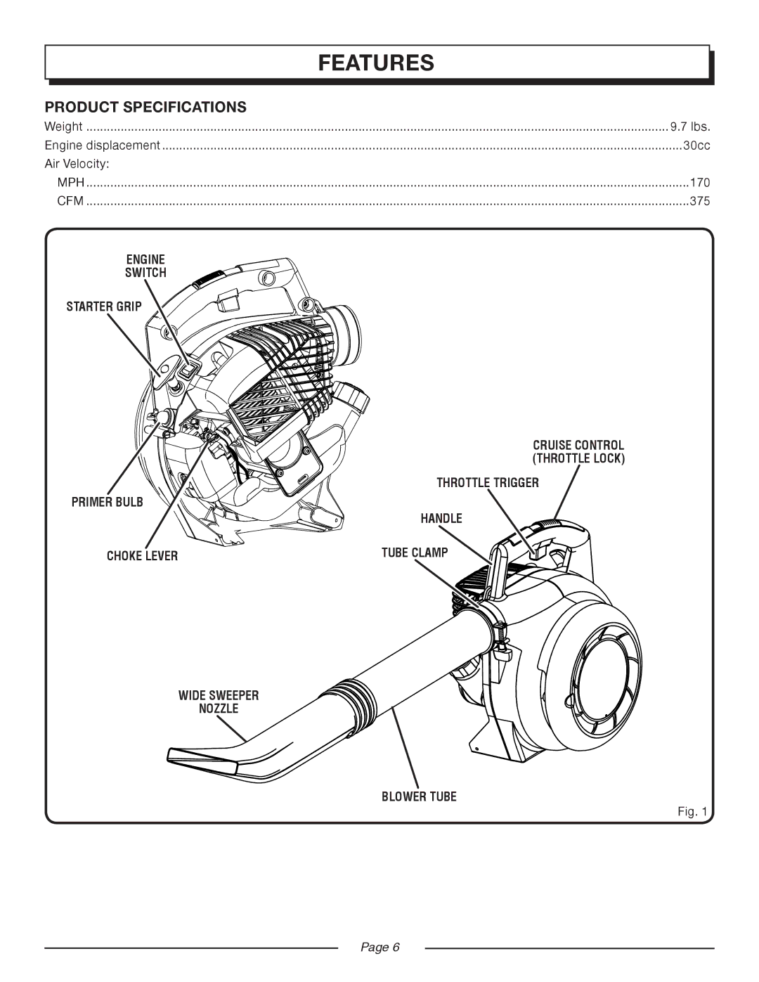 Homelite UT08514 manual Product Specifications, Wide Sweeper Nozzle Blower Tube 