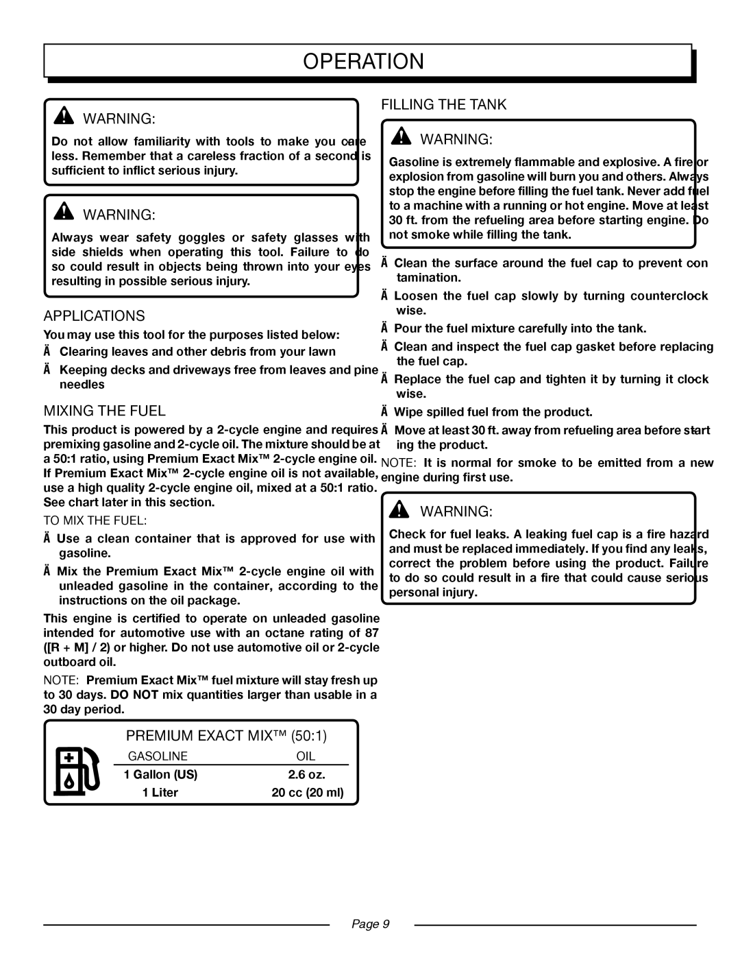 Homelite UT08514 manual Operation, Applications, Mixing the Fuel, Premium Exact MIX, Filling the Tank 