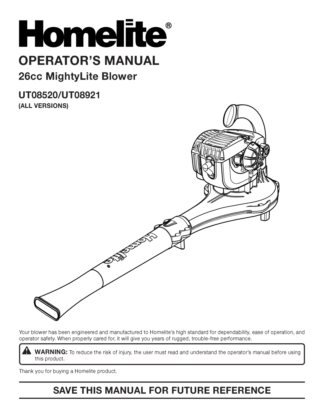 Homelite manual UT08520/UT08921, ALL Versions 