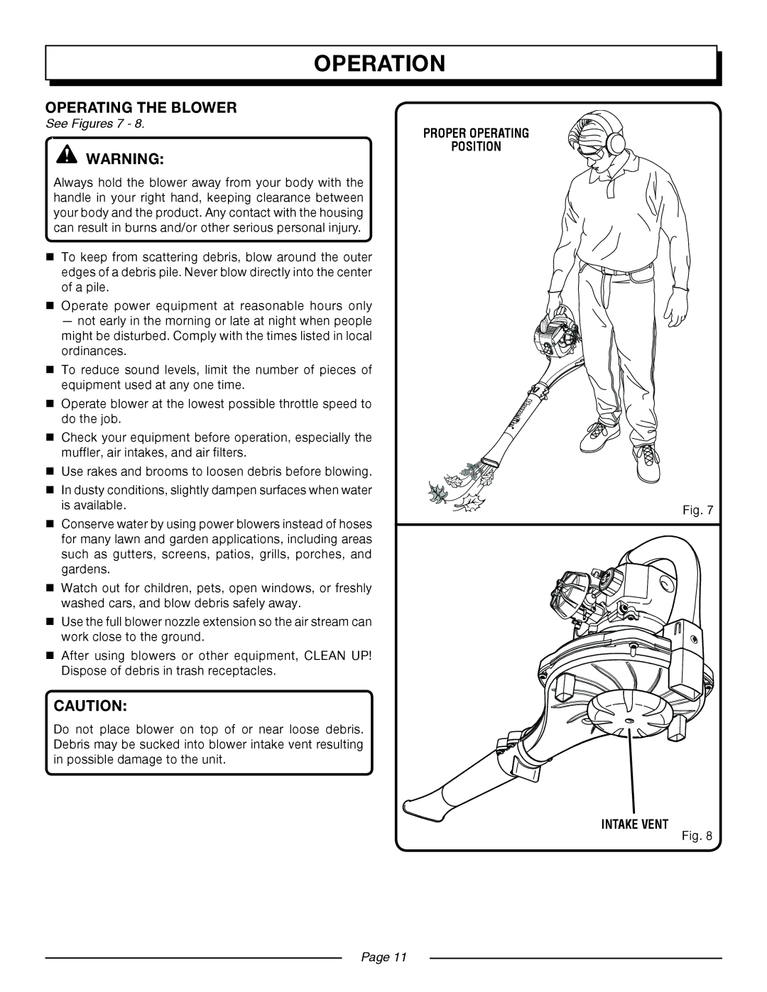 Homelite UT08520 manual Operating the blower, See Figures 7 